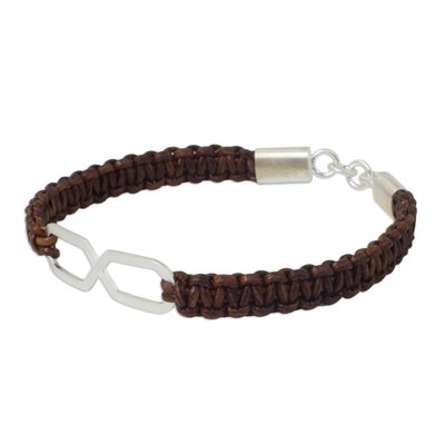 Leather and sterling silver bracelet, 'Infinite Friendship in Brown' - Infinity Symbol Pendant Bracelet on Brown Leather Wristband