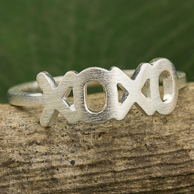 Sterling silver band ring, 'Hugs and Kisses' - Thai Artisan Crafted Band Ring in Brushed Sterling Silver