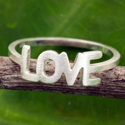 Sterling silver band ring, 'Love All the Time' - Thai Love Ring Handcrafted Brushed Sterling Silver