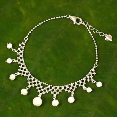 Cultured freshwater pearl beaded bracelet, 'Inspired Tiara' - Handcrafted Cultured Pearl and Sterling Silver Bracelet
