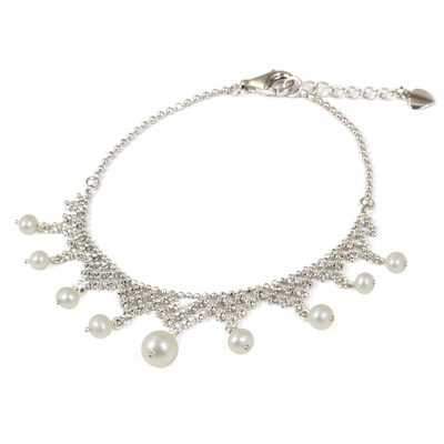 Cultured freshwater pearl beaded bracelet, 'Inspired Tiara' - Handcrafted Cultured Pearl and Sterling Silver Bracelet