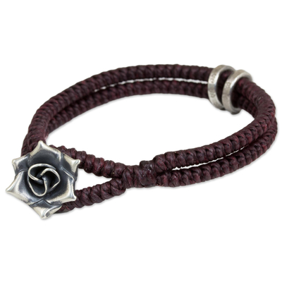 Silver flower bracelet, 'Marsala Rose' - Hill Tribe Rose Clasp on Artisan Crafted Wristband Bracelet