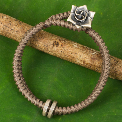 Silver flower bracelet, 'Smokey Rose' - Hill Tribe Rose Clasp on Handcrafted Grey Wristband Bracelet