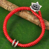 Silver flower bracelet, 'Vermillion Rose' - Hill Tribe Silver Rose Clasp on Wristband Bracelet