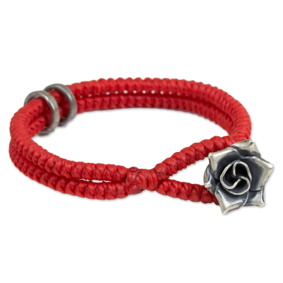 Silver flower bracelet, 'Vermillion Rose' - Hill Tribe Silver Rose Clasp on Wristband Bracelet