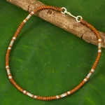 Hill tribe silver anklet, 'Wandering Brown' - Artisan Crafted Brown Anklet with Karen Hill Tribe Silver