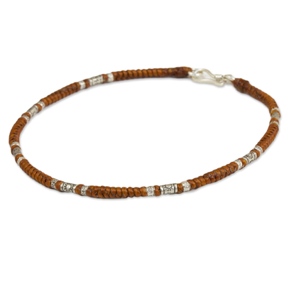 Hill tribe silver anklet, 'Wandering Brown' - Artisan Crafted Brown Anklet with Karen Hill Tribe Silver