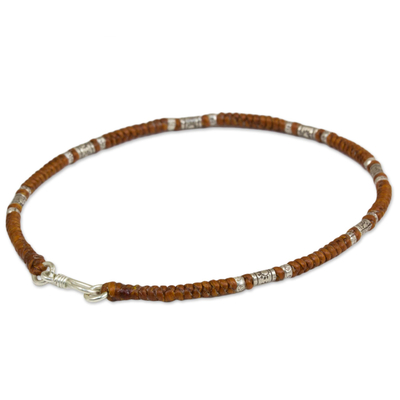Hill tribe silver anklet, 'Wandering Brown' - Artisan Crafted Brown Anklet with Karen Hill Tribe Silver