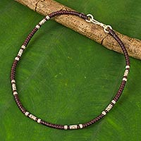 Silver anklet, 'Wandering Maroon' - Artisan Crafted Maroon Anklet with Karen Hill Tribe Silver