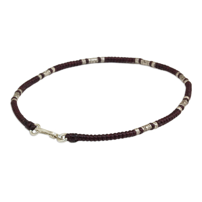 Silver anklet, 'Wandering Maroon' - Artisan Crafted Maroon Anklet with Karen Hill Tribe Silver