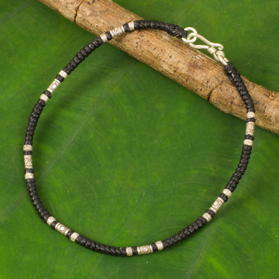 Silver anklet, 'Wandering Black' - Artisan Crafted Black Anklet with Karen Hill Tribe Silver