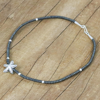 Silver pendant bracelet, 'Starfish Companion in Grey' - 950 Silver Grey Starfish Pendant Bracelet by Thai Artisans