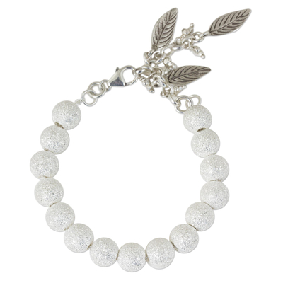 Silver beaded charm bracelet, 'Leaf Sparkle' - Hand Crafted Silver Beaded Bracelet with Leaf Charms