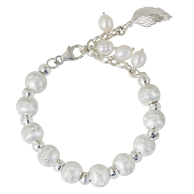 Cultured pearl and sterling silver beaded charm bracelet, 'Brilliant Leaf' - Handmade Sterling Silver and Cultured Pearl Beaded Bracelet