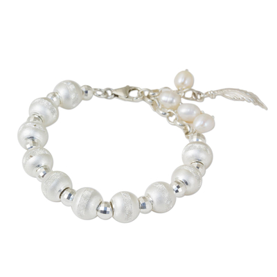 Cultured pearl and sterling silver beaded charm bracelet, 'Brilliant Leaf' - Handmade Sterling Silver and Cultured Pearl Beaded Bracelet