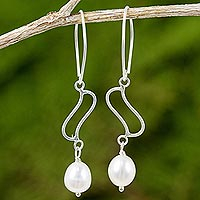 Cultured pearl and sterling silver dangle earrings, 'Whispering Breeze in White' - Artisan Crafted Cultured Pearl and Sterling Silver Earrings