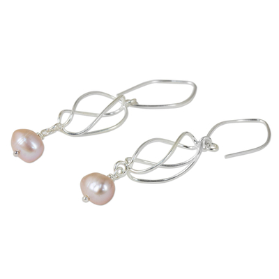 Cultured pearl and sterling silver dangle earrings, 'Soft Whisper in Pink' - Pink Cultured Pearl and Sterling Silver Dangle Earrings