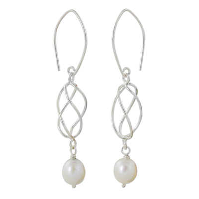 Cultured pearl and sterling silver dangle earrings, 'Soft Whisper in White' - Hand Crafted White Pearl and Sterling Silver Dangle Earrings