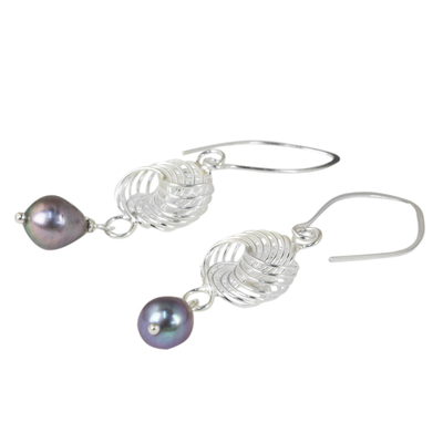 Cultured pearl and sterling silver dangle earrings, 'Snowfall in Grey' - Handmade Sterling Silver and Grey Pearl Dangle Earrings