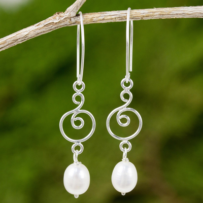 Cultured pearl and sterling silver dangle earrings, 'Morning Sweet in White' - Handmade Sterling Silver and White Pearl Dangle Earrings