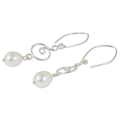 Cultured pearl and sterling silver dangle earrings, 'Morning Sweet in White' - Handmade Sterling Silver and White Pearl Dangle Earrings