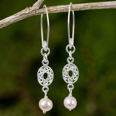 Cultured pearl dangle earrings, 'Mesmerize in Pink' - Handmade Pink Pearl and Sterling Silver Dangle Earrings