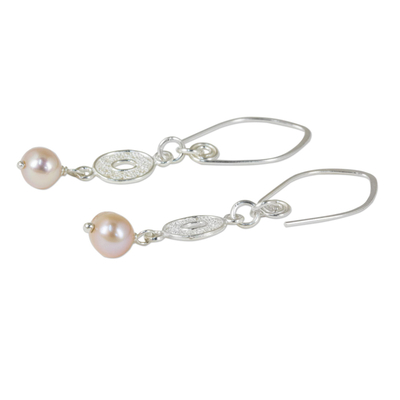 Cultured pearl dangle earrings, 'Mesmerize in Pink' - Handmade Pink Pearl and Sterling Silver Dangle Earrings