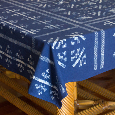 Cotton batik tablecloth, 'Mountains & Rivers' - Thai Hill Tribe Blue Cotton Batik Tablecloth (57x79)