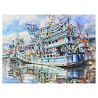 'Chaao-Lay Way of Life I' (2014) - Realistic Watercolor Painting of Thai Fishing Boats