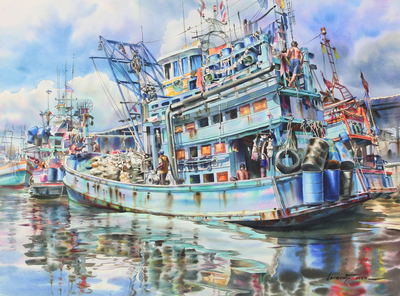 Realistic Watercolor Painting of Thai Fishing Boats