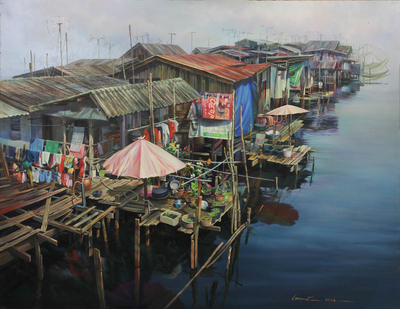Oil on Canvas Realistic River Scene from Thailand