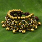 Jasper beaded wristband bracelet, 'Bohemian Voice' - Brass Bells and Jasper on Handcrafted Wristband Bracelet