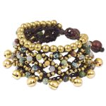 Jasper beaded wristband bracelet, 'Bohemian Voice' - Brass Bells and Jasper on Handcrafted Wristband Bracelet