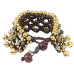 Jasper beaded wristband bracelet, 'Bohemian Voice' - Brass Bells and Jasper on Handcrafted Wristband Bracelet
