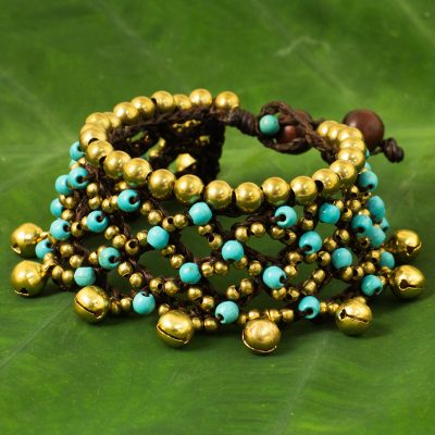 Calcite beaded wristband bracelet, 'Bohemian Voice' - Brass Bells and Turquoise colour Gems on Handcrafted Bracele
