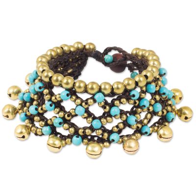 Calcite beaded wristband bracelet, 'Bohemian Voice' - Brass Bells and Turquoise Color Gems on Handcrafted Bracelet