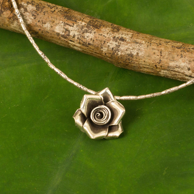 Silver pendant necklace, 'Luminous Rose' - Hand Crafted Silver Necklace with Rose Pendant from Thailand