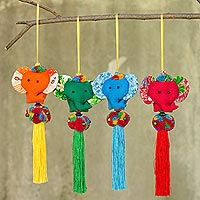 4 Artisan Crafted Multicolor Thai Cotton Elephant Ornaments,'Happy Thai Elephants'