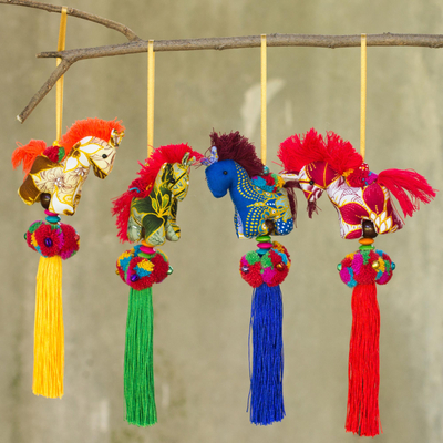 Cotton ornaments, 'Happy Thai Horses' (set of 4) - Artisan Crafted Multicolor Thai Cotton Horse Ornaments (4)