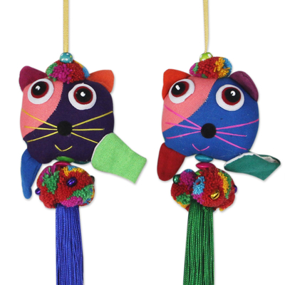 Cotton ornaments, 'Happy Thai Cats' (set of 4) - 4 Hand Crafted Multicolor Cats and Brass Bells Ornaments
