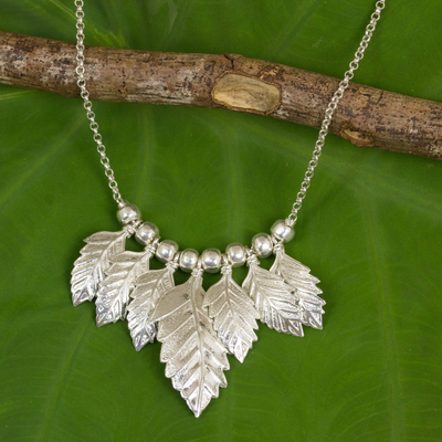 Sterling silver waterfall necklace, 'Leaves in Snow' - Thai Sterling Silver Leaf Theme Waterfall Necklace
