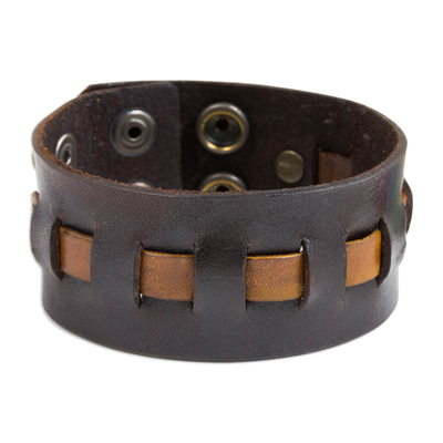 Men's leather band bracelet, 'New Pathways' - Artisan Crafted Leather Band Bracelet in Brown and Tan