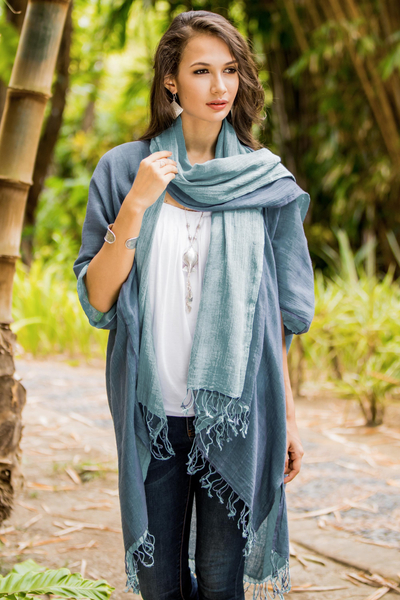 Set aus Kimonojacke und Schal aus Baumwolle - Set aus blauer Jacke und Schal aus 100 % Baumwolle aus Thailand