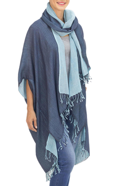 Cotton kimono jacket and scarf set, 'Blue Mystique' - 100% Cotton Blue Jacket and Scarf Set from Thailand