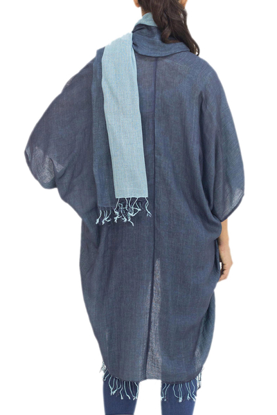 Cotton kimono jacket and scarf set, 'Blue Mystique' - 100% Cotton Blue Jacket and Scarf Set from Thailand