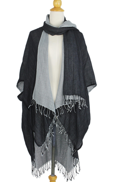 Conjunto de chaqueta kimono y bufanda de algodón - Chaqueta y bufanda artesanales 100% negro y gris
