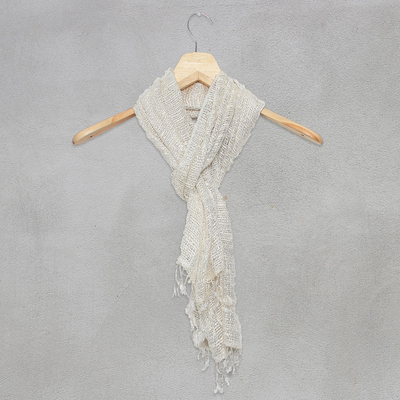 100% silk scarf, 'White Breeze' - Thai Hand Woven 100% Silk Scarf in White