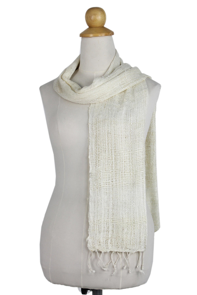 100% silk scarf, 'White Breeze' - Thai Hand Woven 100% Silk Scarf in White