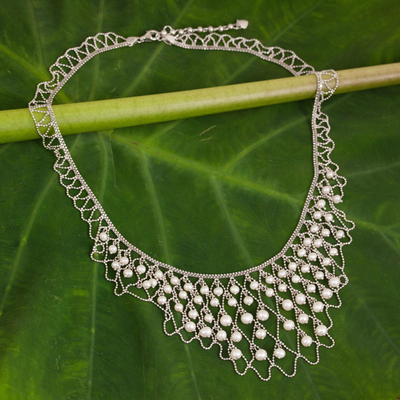 Collar llamativo de perlas cultivadas - Collar llamativo hecho a mano con perlas cultivadas y plata