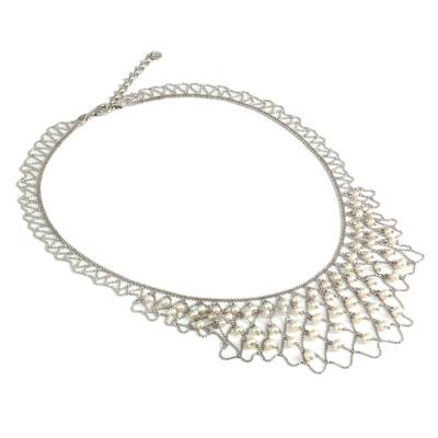 Cultured pearl statement necklace, 'White Lily Waterfall' - Handcrafted Cultured Pearl and Silver Statement Necklace